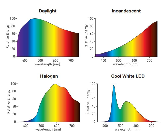 Spectral distribution of various light resouces.