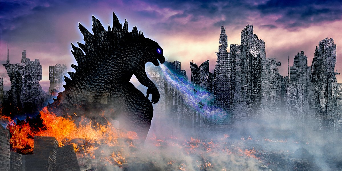 Godzilla invades a city in style of movie Gdzilla VS. Kong
