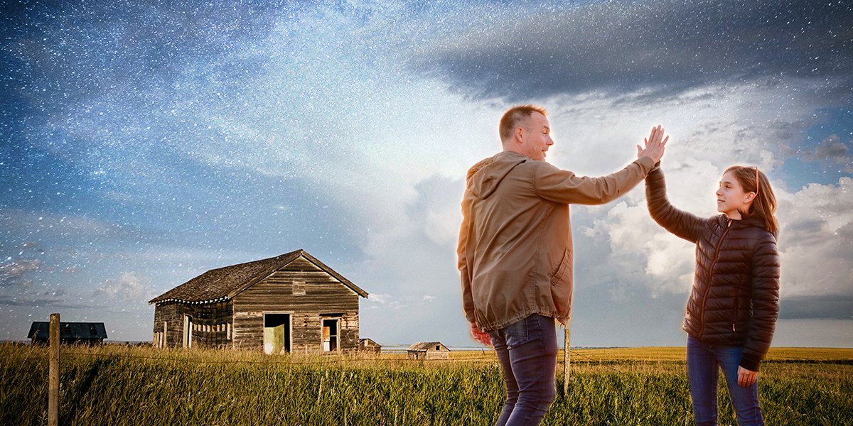 Father and daighter in the field in the style of Christopher Nolan's movie Interstellar