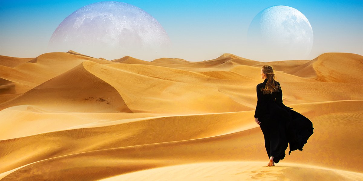 a woman standing in the middle of dunes in the style of David Lynch's movie Dune