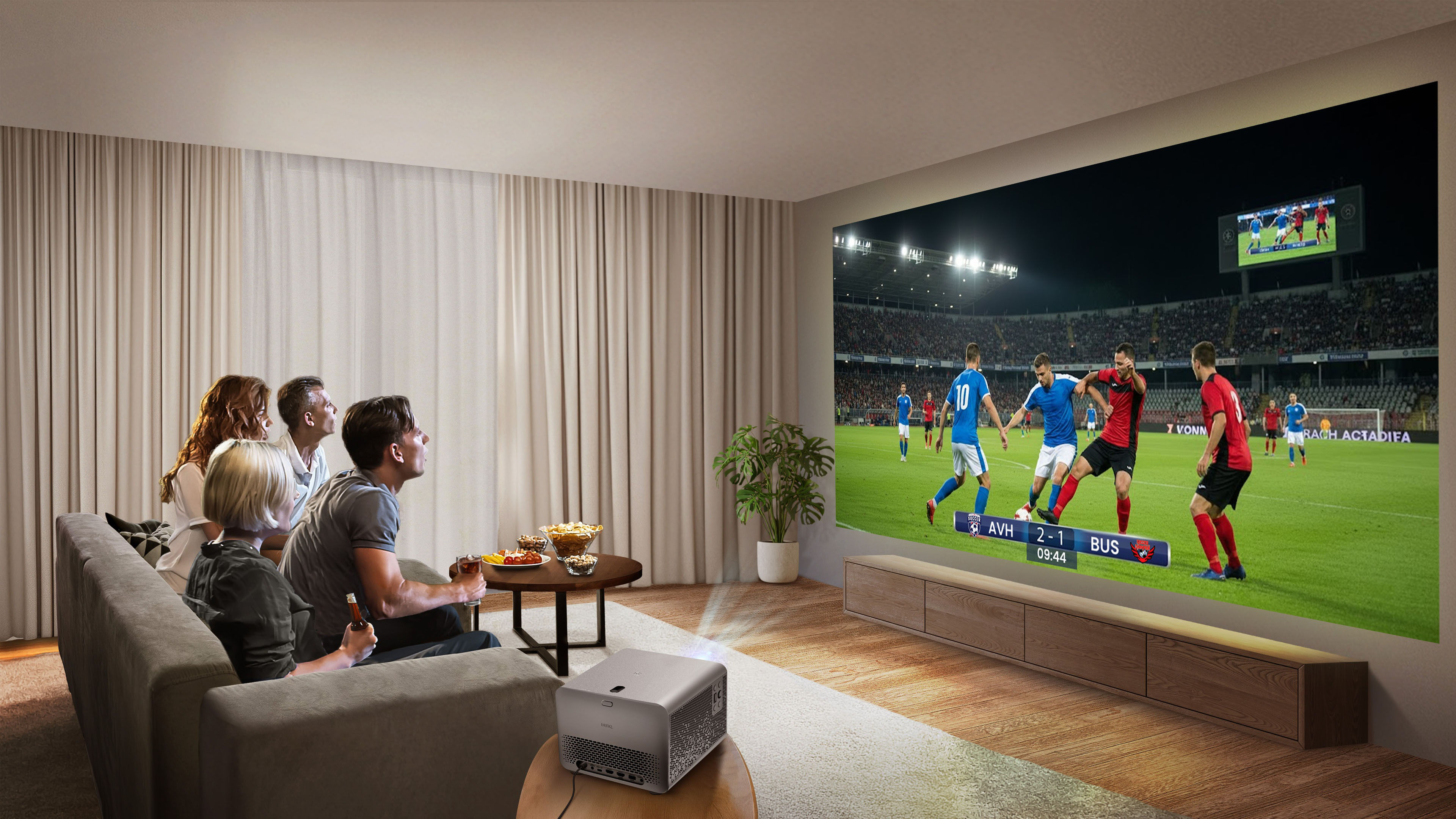 BenQ TK705i 4K home entertainment projector in a bright living room, projecting vivid image with 3000 ANSI lumens