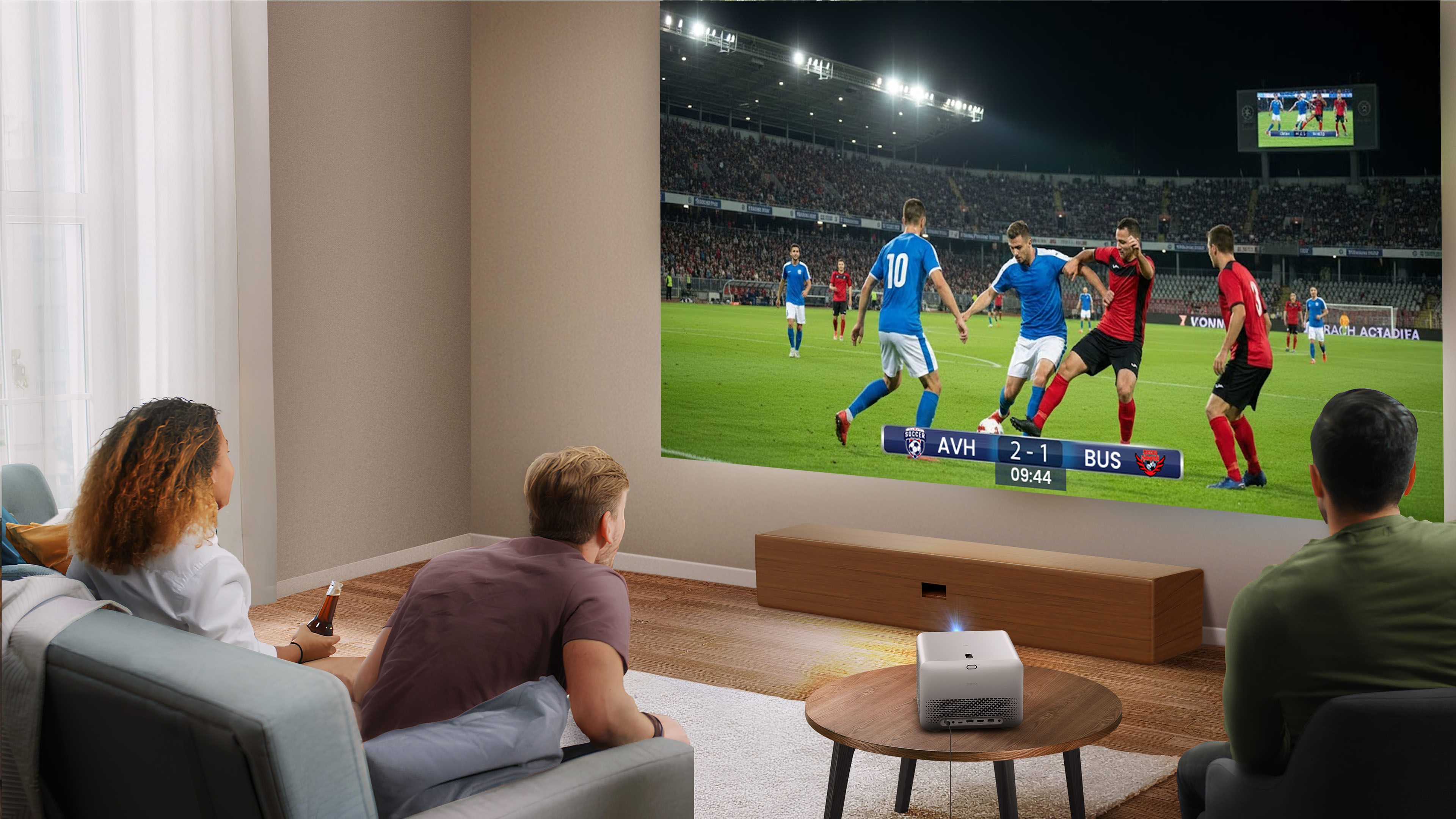 BenQ TK705STi short throw home entertainment projector in bright small room, projecting vivid 4K scene on large screen