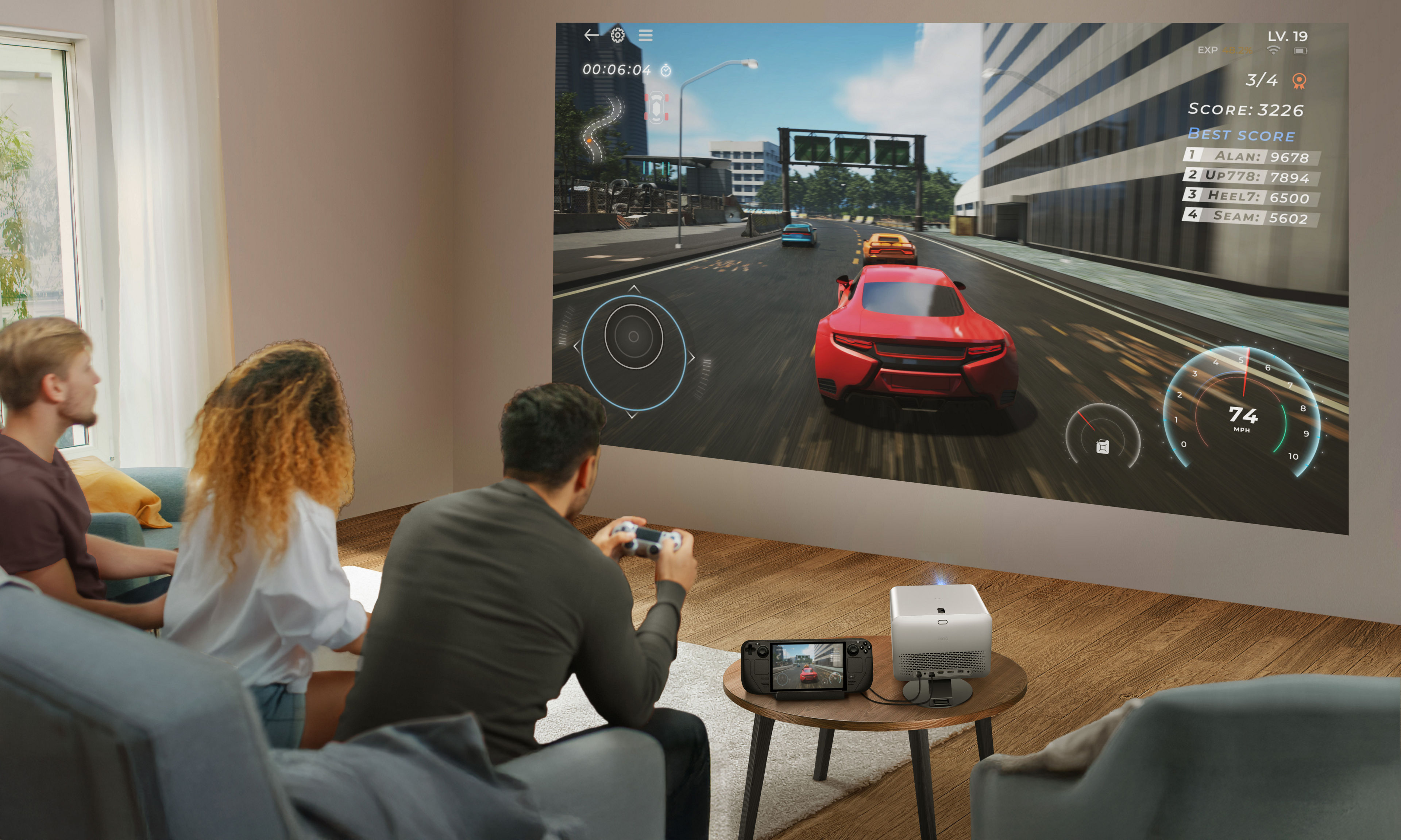 BenQ projector on stand used for gaming with Nintendo swich in a modern living room setup