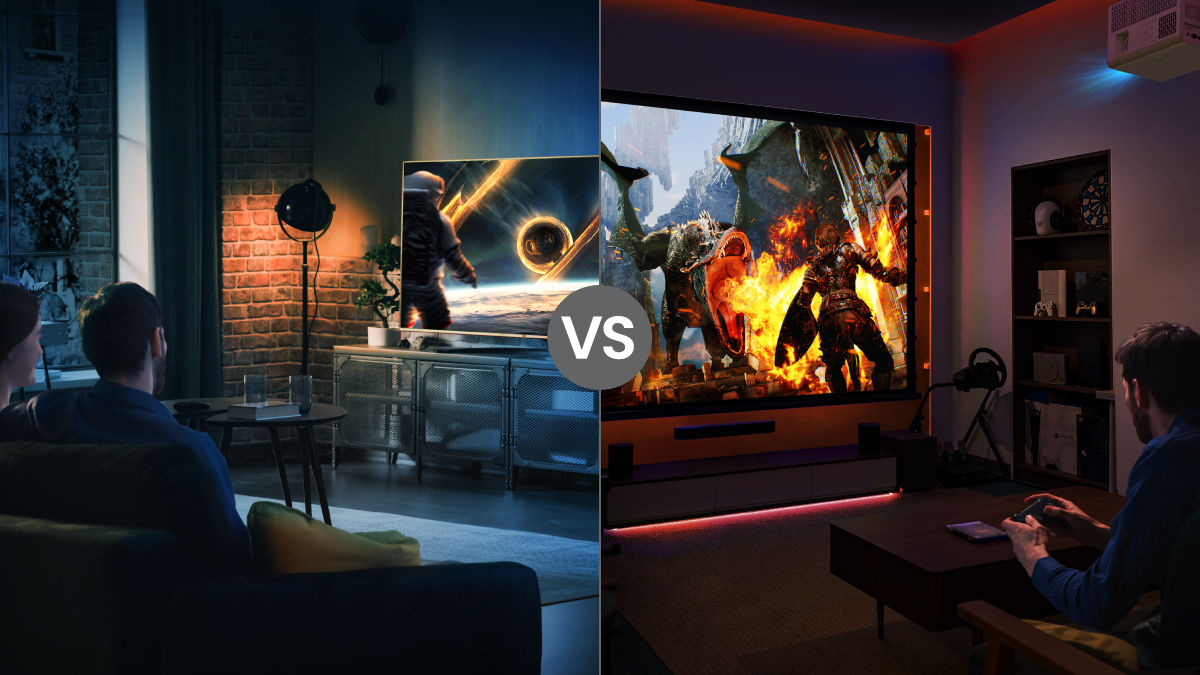 Watching a movie on TV in a living room versus gaming with a projector - TV vs. projector for a big screen immersive experience