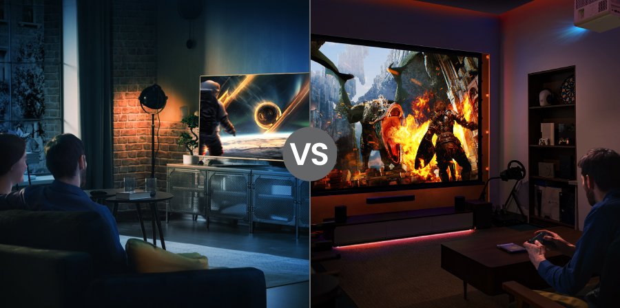 Home gaming setup comparison, TV versus projector display with space-themed game.