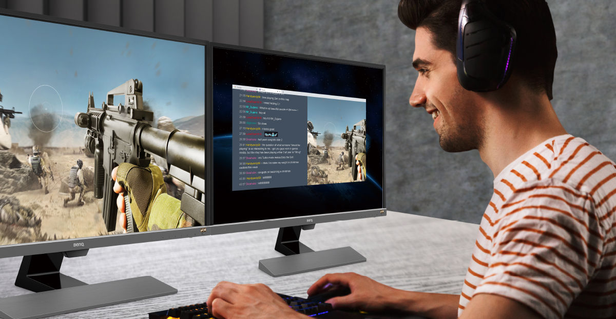 Scenario stimulation of dual monitor setup for simultaneous gaming and streaming with 4k gaming monitor.