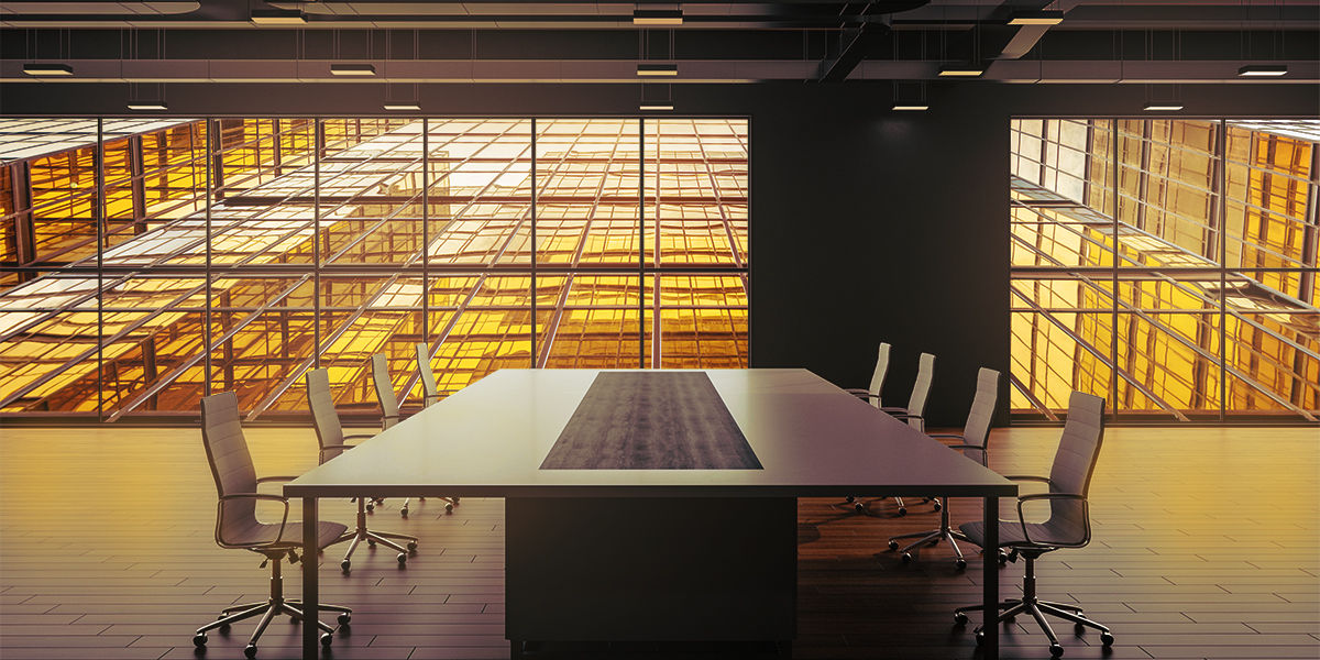 a meeting room with a table in the center and the background is in an upside down world