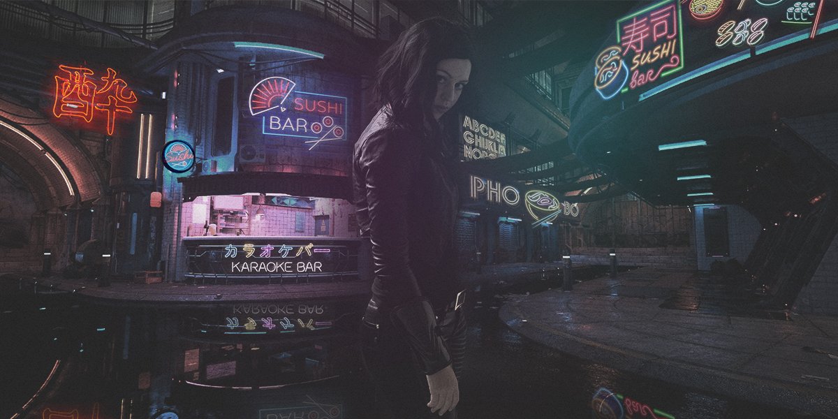 a woman standing in the streets of neon in the style of movie blade runner
