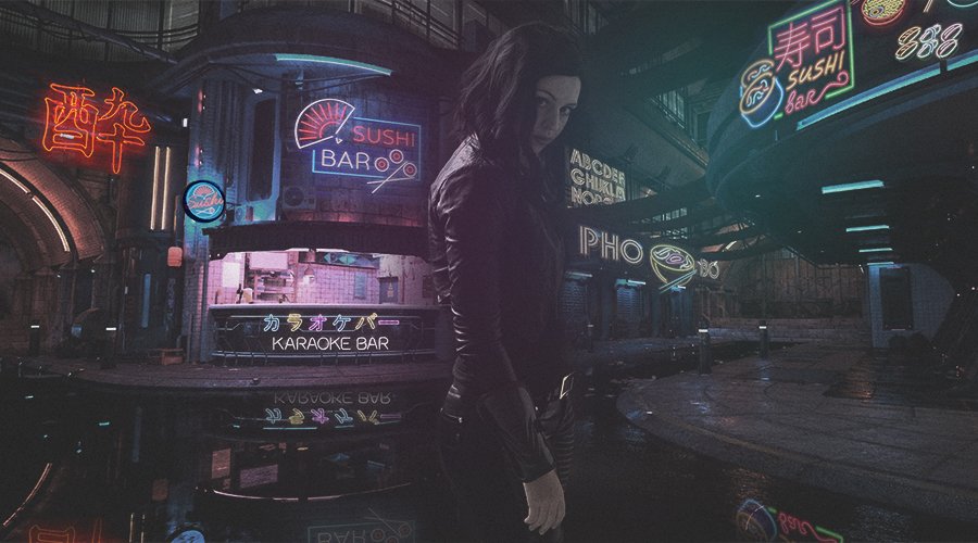 a woman in the streets of neon in the style of classic movie blade runner