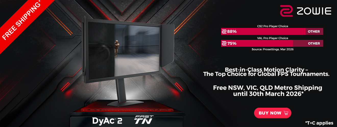 An image with a ZOWIE monitor, showing that 88% of CS2 pros and 75% of Valorant pros are currently using ZOWIE Monitors, now offering free shipping to certain choice locations in Australia.