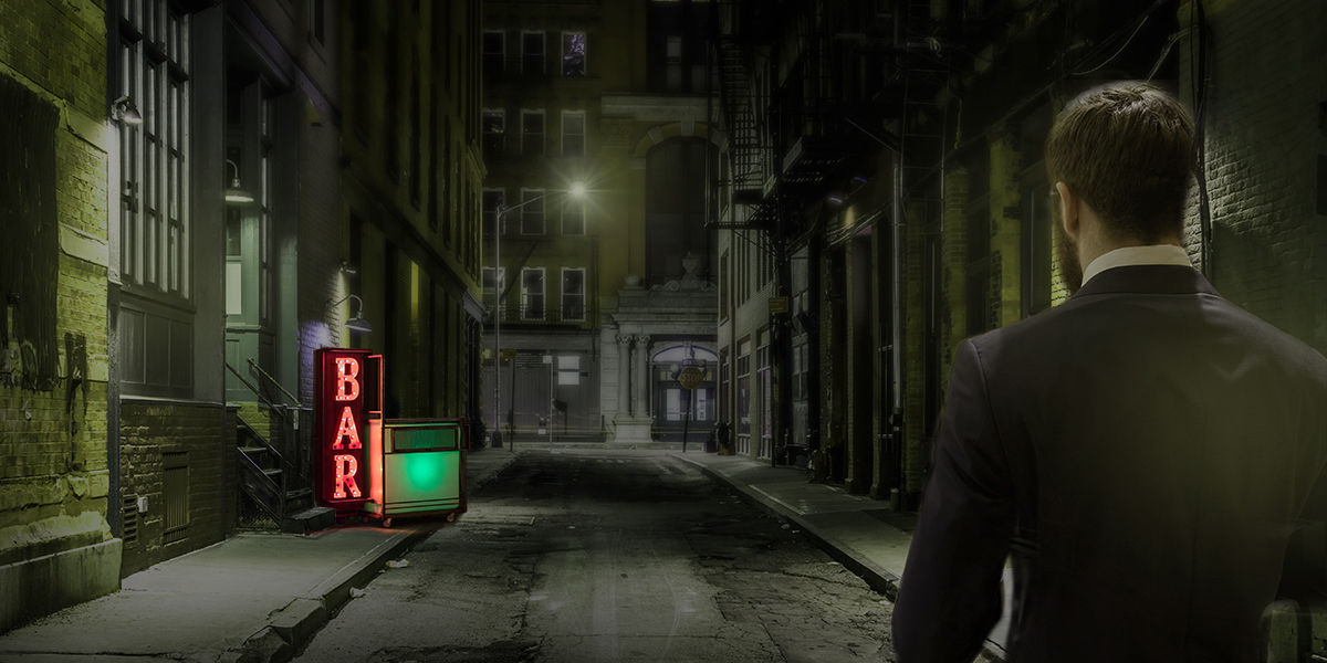 a man walking in the dark lane toward to a bar in the style of the movie dark city