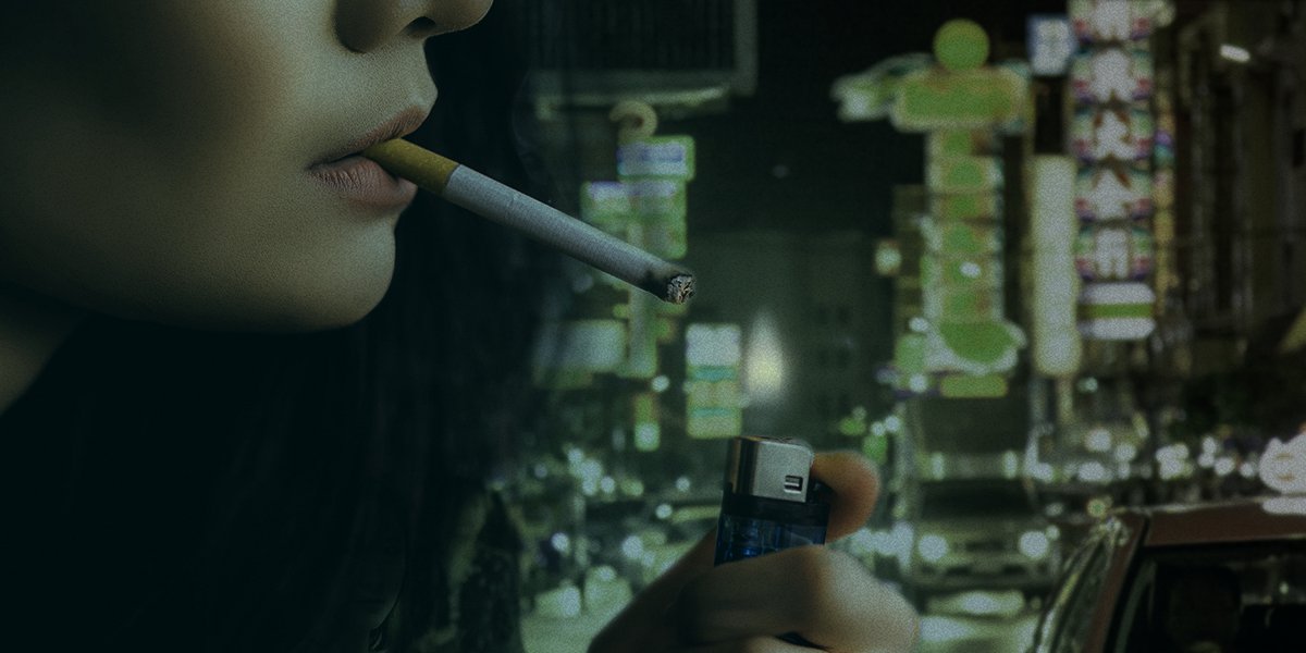 a woman lights up a cigarette with a background of streets of neons in Hong Kong