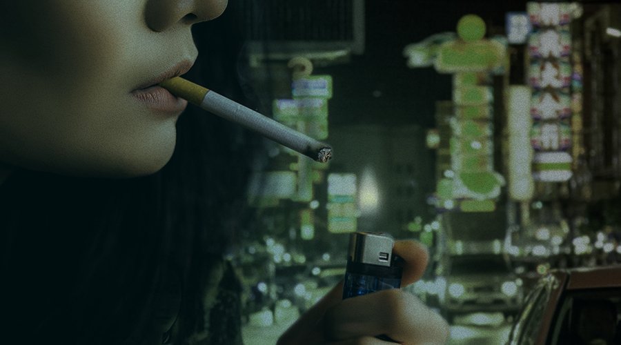A woman lights up a cigarette with background of neon in the street in Hong Kong