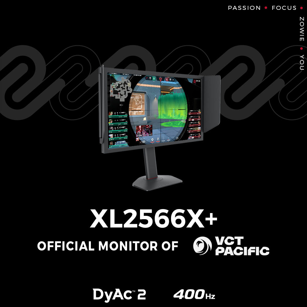 A photo of the game of Valorant on the XL2566X+ screen, and a graphic stating it is the official monitor of VCT Pacific.