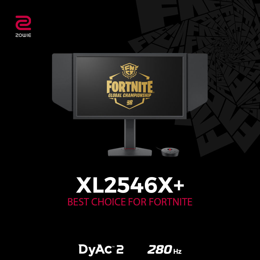 The Fortnite Globals Logo on the XL2546X+ ZOWIE Monitor.