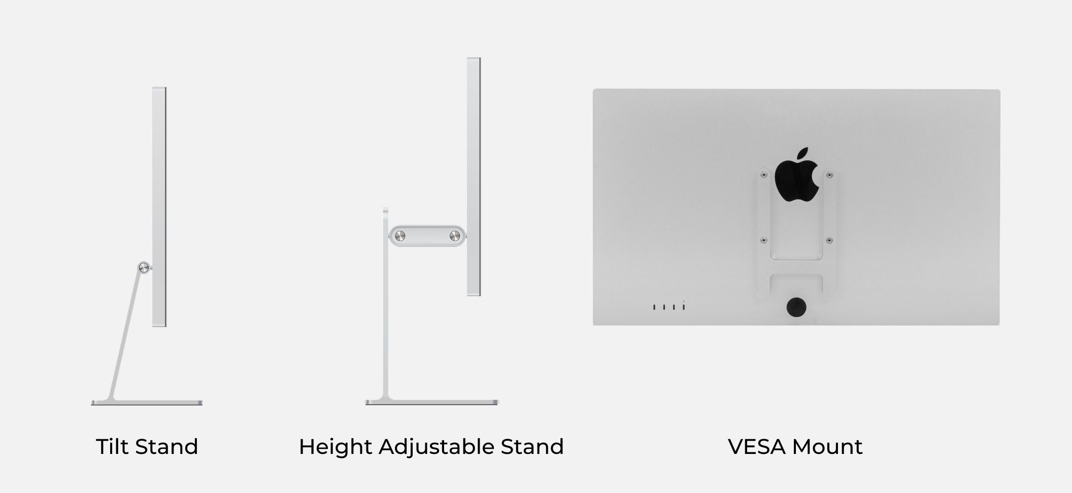 Illustration comparing the three Apple Studio Display mounting options: Tilt Stand, Height-Adjustable Stand, and VESA Mount.