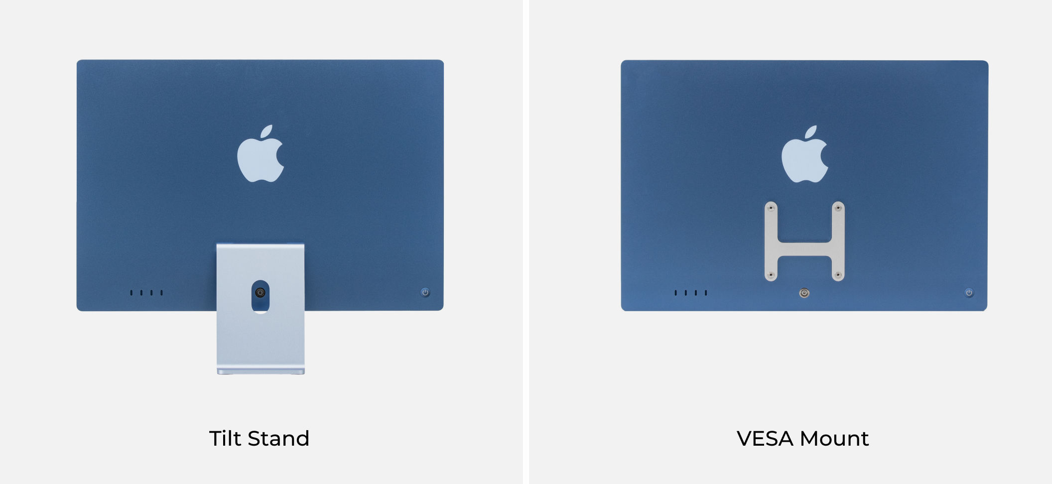 Illustration comparing Apple's Tilt Stand and VESA Mount options for iMac.