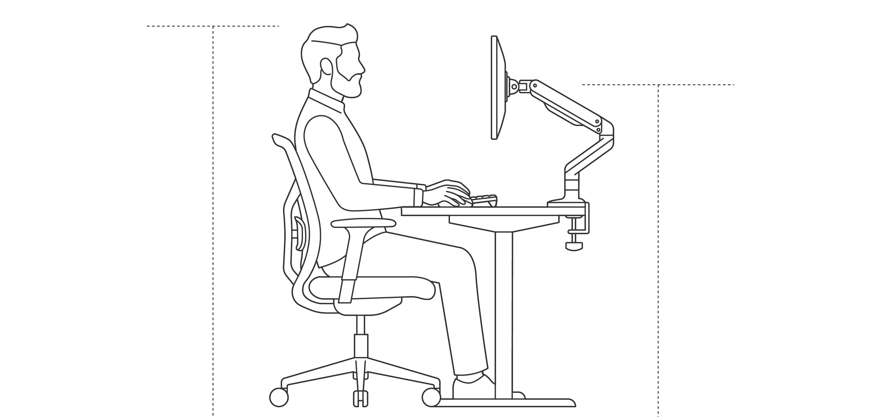 Ergonomic illustration showing the recommended monitor height and viewing position to reduce neck, shoulder, and eye strain.