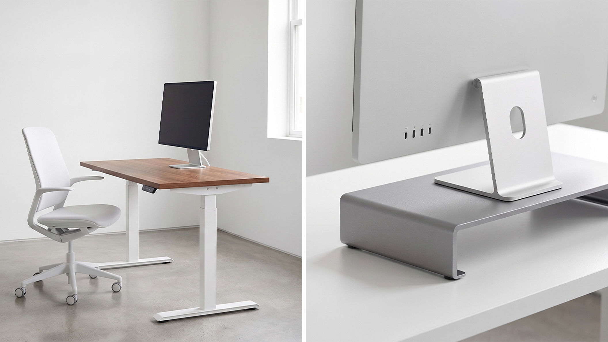 Illustration showing common ways to improve the viewing height of an Apple display, including a sit-stand desk and a monitor riser.