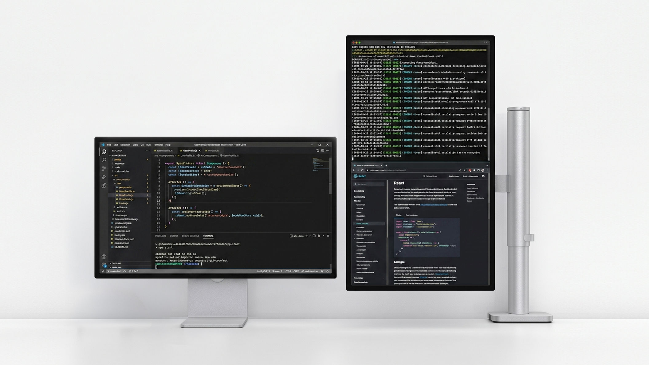 Illustration showing an Apple Studio Display rotating between landscape and portrait orientations on a VESA-compatible monitor arm.