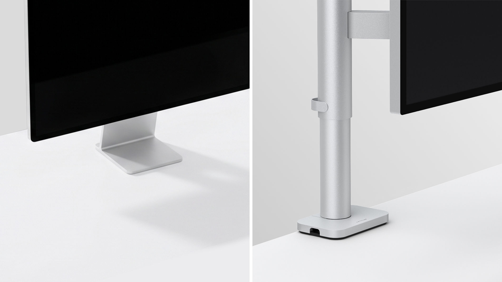 Comparison of an Apple display using its original stand and a monitor arm, illustrating the difference in available desk space beneath the display.