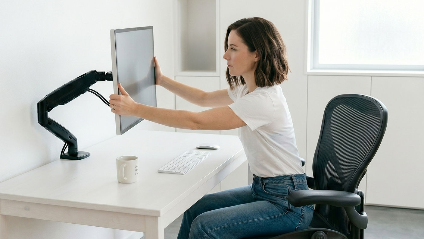 User repositioning a monitor on a monitor arm to illustrate the adjustment experience during everyday use.