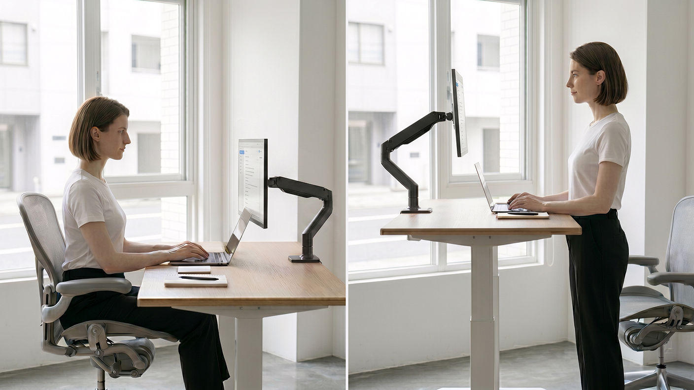 Comparison showing a monitor arm maintaining an ergonomic screen position for both sitting and standing desk use.