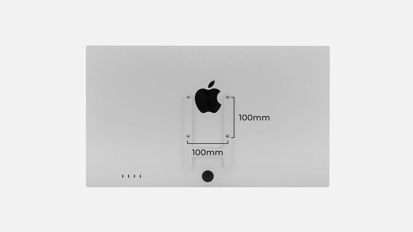 llustration showing the 100 × 100 mm VESA mounting pattern for a Studio Display monitor arm.