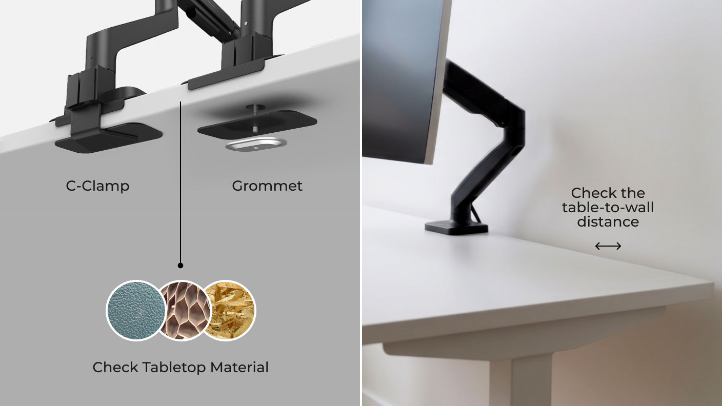 Illustration showing C-clamp and grommet mounting options, desktop material compatibility, and the clearance needed behind the desk for a monitor arm.