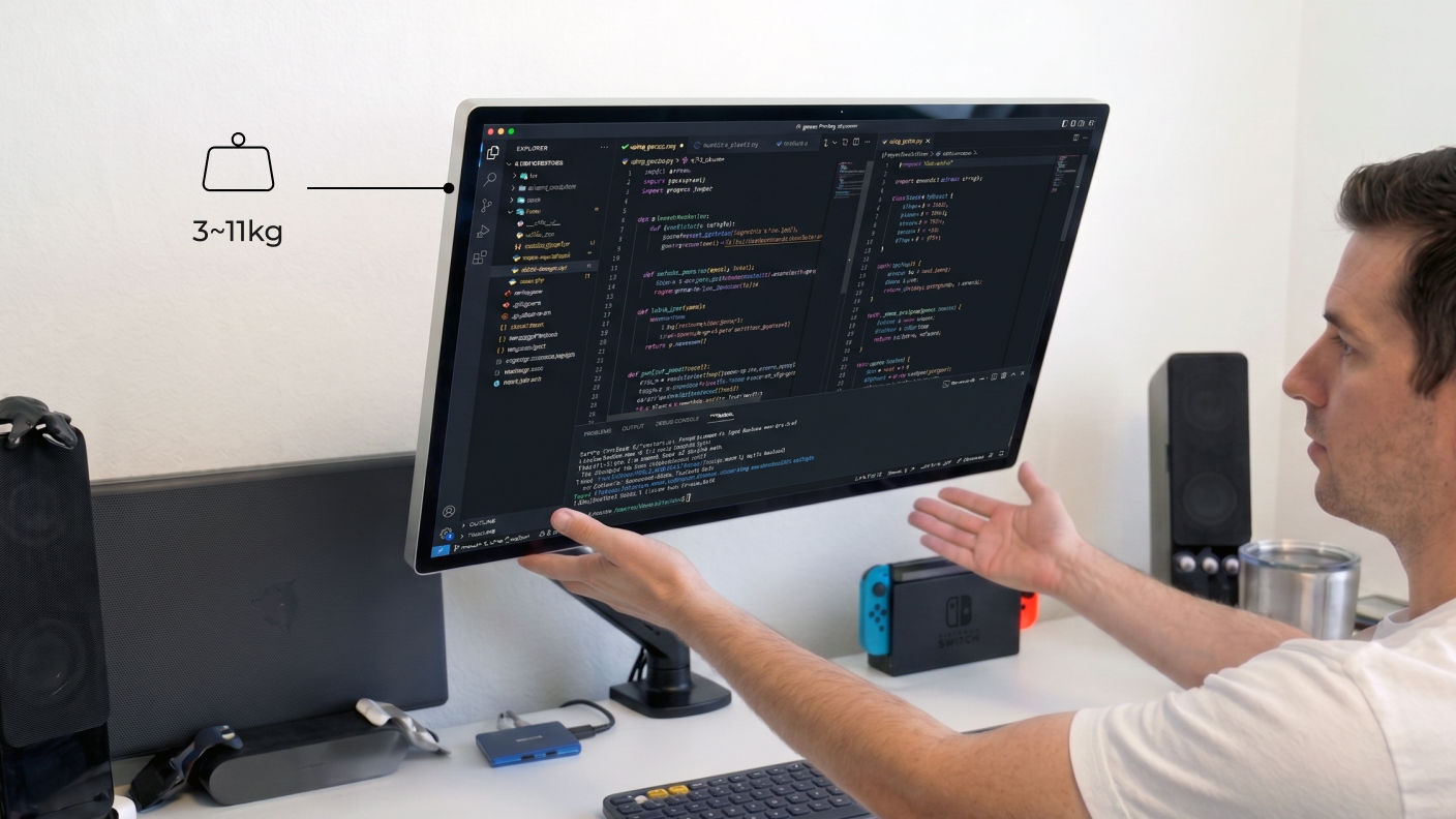 Apple Studio Display mounted on a monitor arm illustrating the recommended 3–11 kg weight range for smooth, stable adjustment.