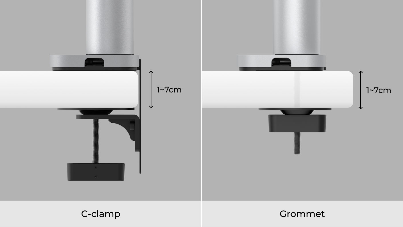 Illustration comparing the supported desktop thickness ranges for the INFTYLAB Studio Arm: 1–6 cm with a C-clamp and 1–7 cm with a grommet mount.