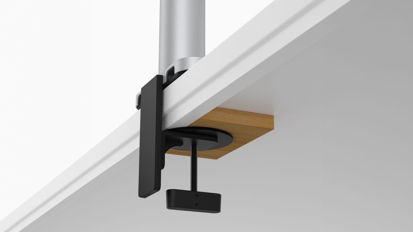 Illustration showing a wood spacer placed beneath a monitor arm clamp to create a stable mounting surface when a desk support beam is present.