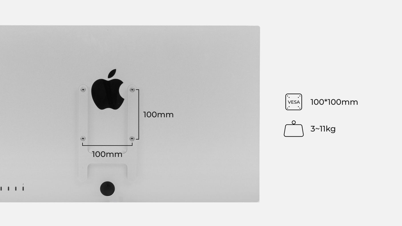 Rear view of an Apple Studio Display showing its 100 × 100 mm VESA mounting pattern and the recommended 3–11 kg monitor arm weight range.