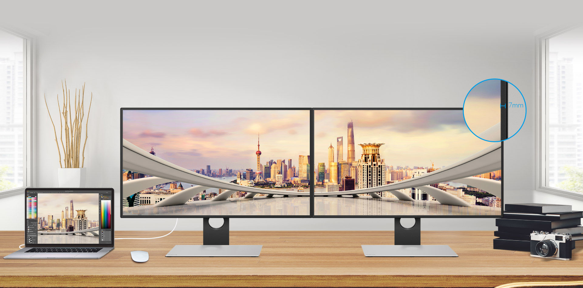 Durch die Daisy-Chain Funktion und Multi-Stream-Transport-Technologie (MST) lässt sich die Arbeitsfläche des Notebooks auf mehrere Monitore erweitern. Das Edge-to-Edge-Design des PD2710QC lässt die Monitore zudem wie eine großen Fläche wirken.