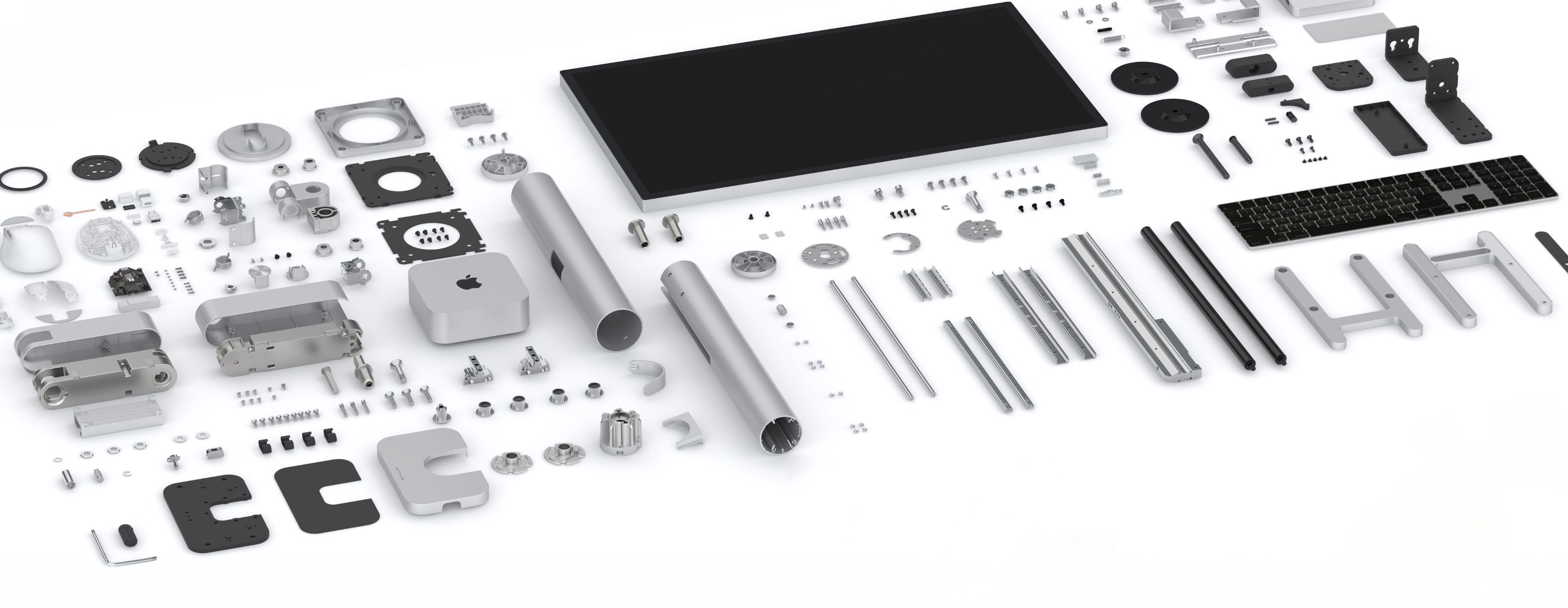 Exploded view of INFTYLAB product components arranged across a clean white background.