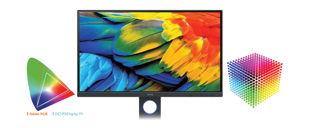 Le BenQ SW271C couvre de l'espace colorimétrique 100% Adobe RGB et 90% du P3 pour offrir une large reproduction des couleurs pour les nuances de bleu et de vert et fournit une table de recherche 3D 16 bits pour améliorer le mélange des couleurs et offrir une reproduction précise