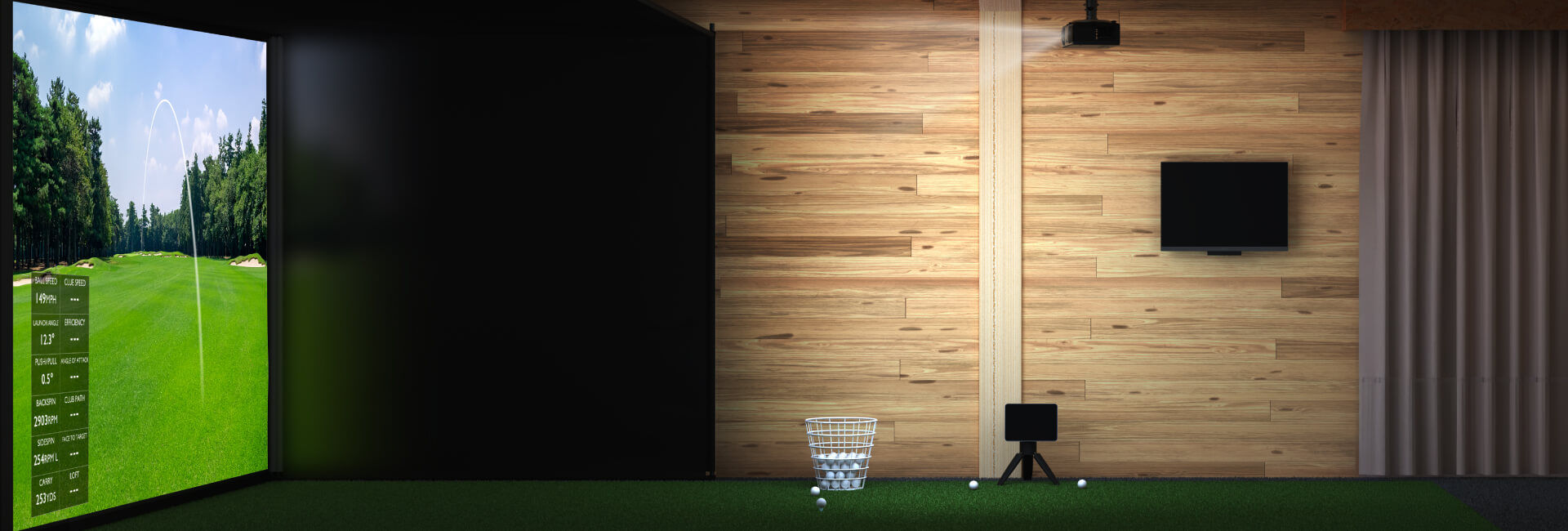 Golf simulator setup with BenQ AH30ST short throw projector placed close to the screen