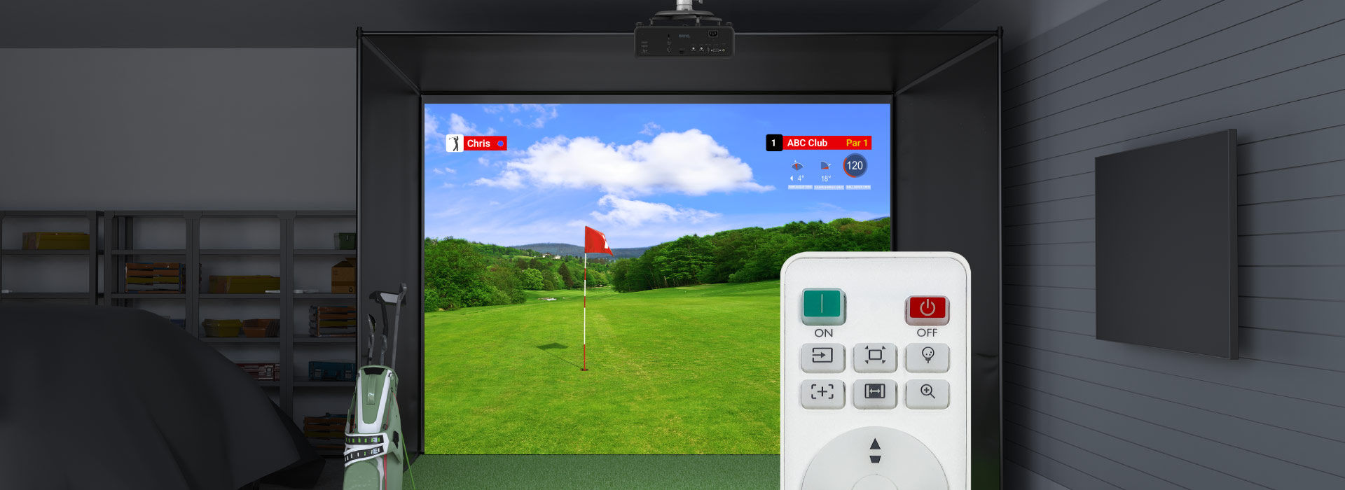 BenQ AH700ST laser short throw golf simulation projector simplifying setup process with dedicated remote control