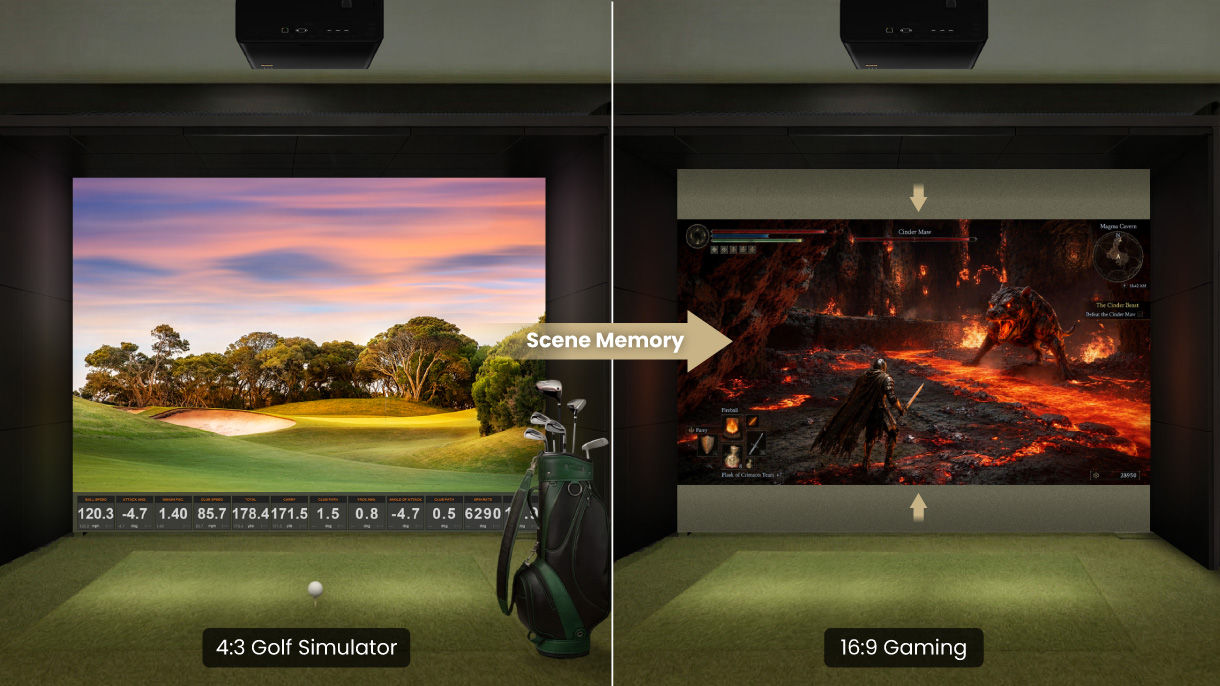 BenQ Golf Scene Memory UI allowing one-button switching between five display profiles for golf, cinema, and gaming