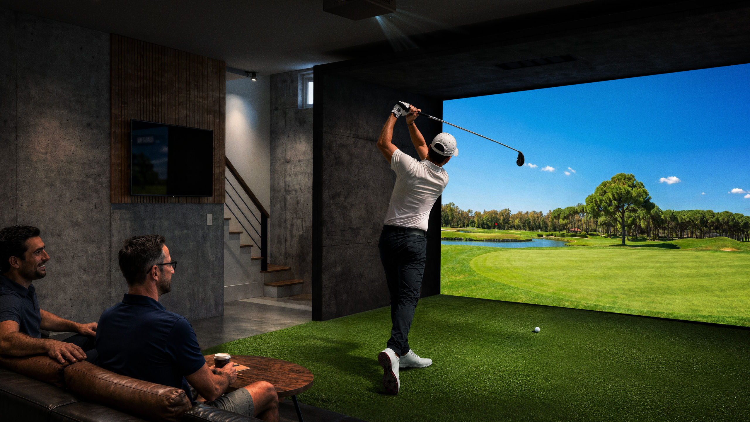 BenQ AK800ST intelligent BenQ 4K golf simulator projector setup in a home recreation hub for indoor sports and cinema