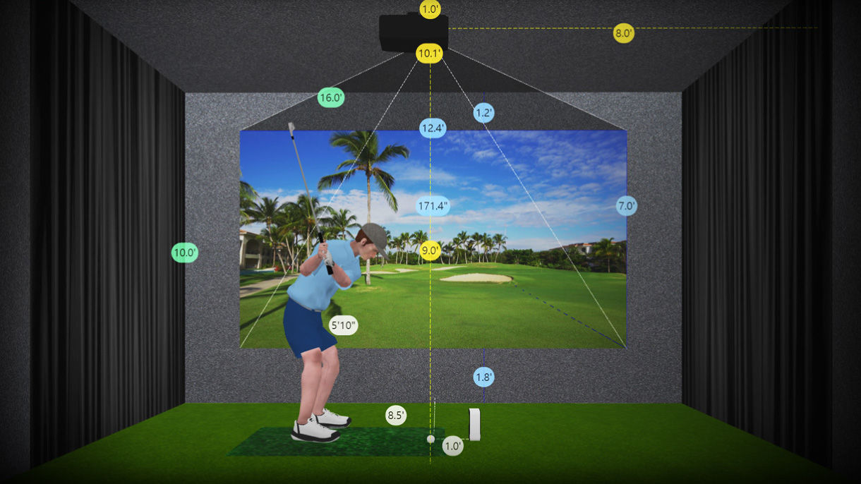 BenQ Golf-Sim 3D Planner software interface calculating ideal projector placement to prevent player shadows on impact screen