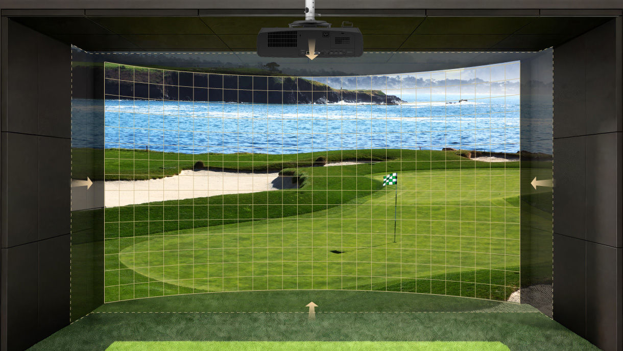 BenQ AK900ST Auto Screen Fit 2.0 with Smart Warping interface showing control points for curved golf simulator screen calibration