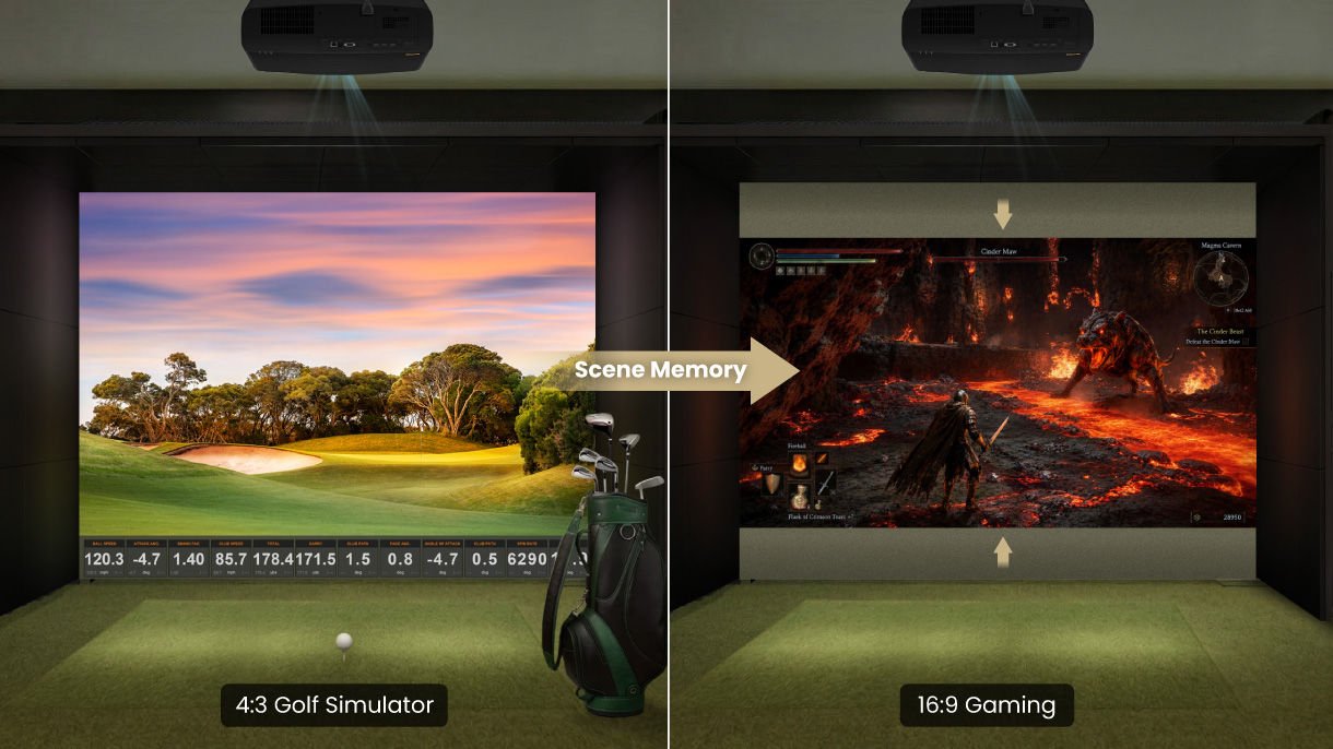 BenQ Golf Scene Memory UI allowing one-button switching between five display profiles for golf, cinema, and gaming