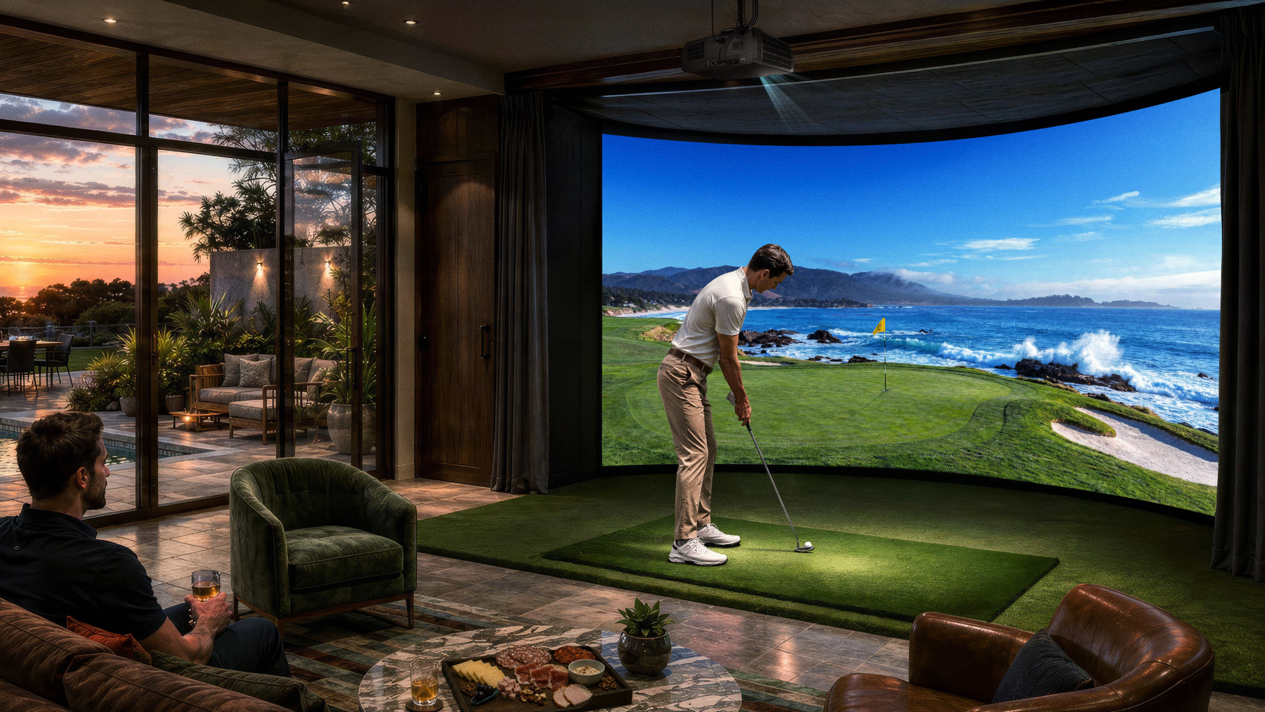 BenQ AK900ST intelligent golf simulator projection displaying world-class golf course for luxury home