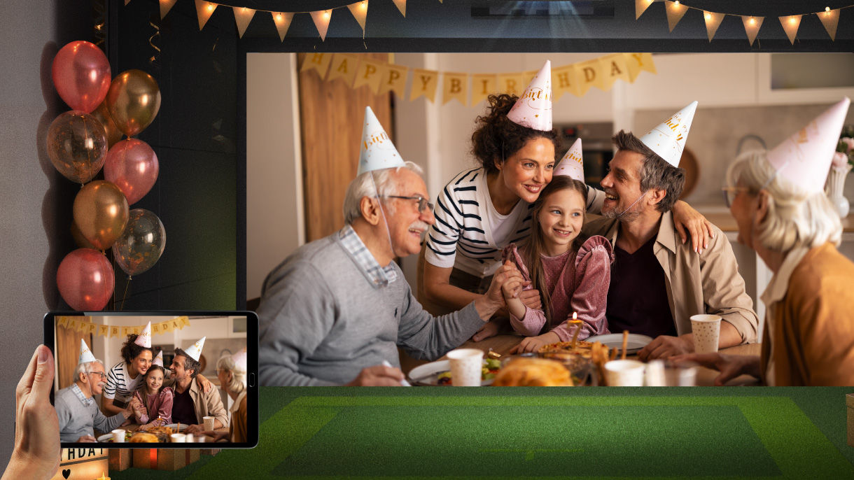 BenQ Golf InstaShare wireless screen sharing casting photos and videos onto a big screen in a home entertainment room