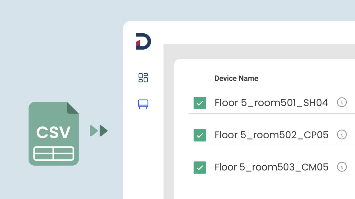 A CSV file icon being imported into the BenQ DMS interface to instantly onboard a fleet of displays, including SH04, CP05, and CM05 models.