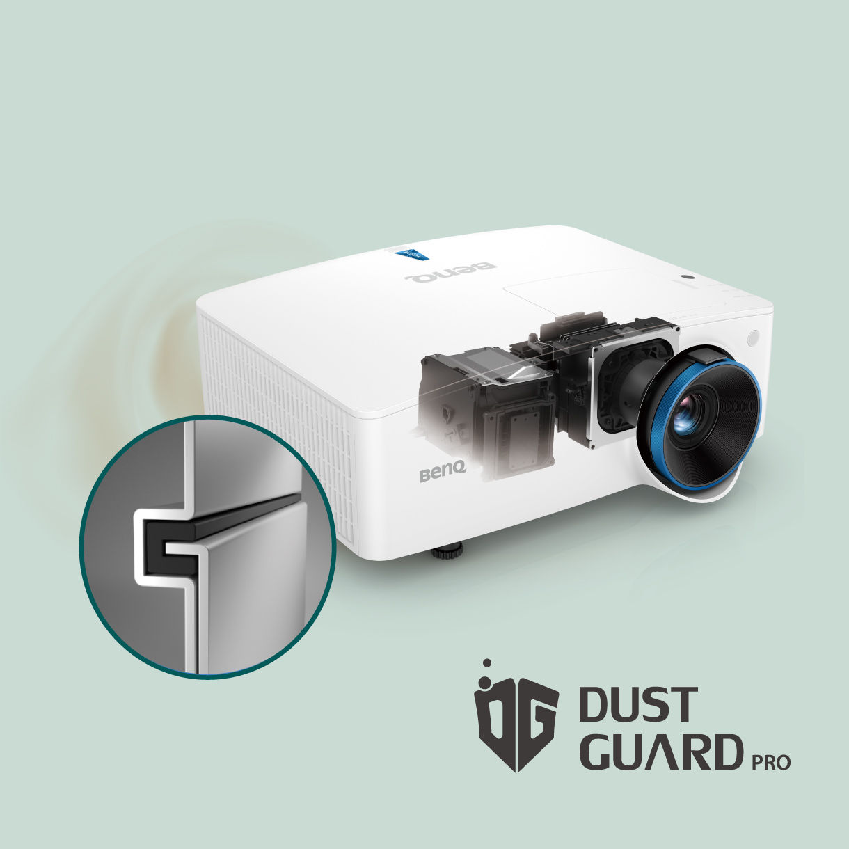 BenQ DLP-Bildungsprojektoren sind mit der IP6X Staubschutztechnologie DustGuard Pro ausgestattet, die die Lichtquelle und Motor versiegelt, um sie in jeder Umgebung vor Staub zu schützen.