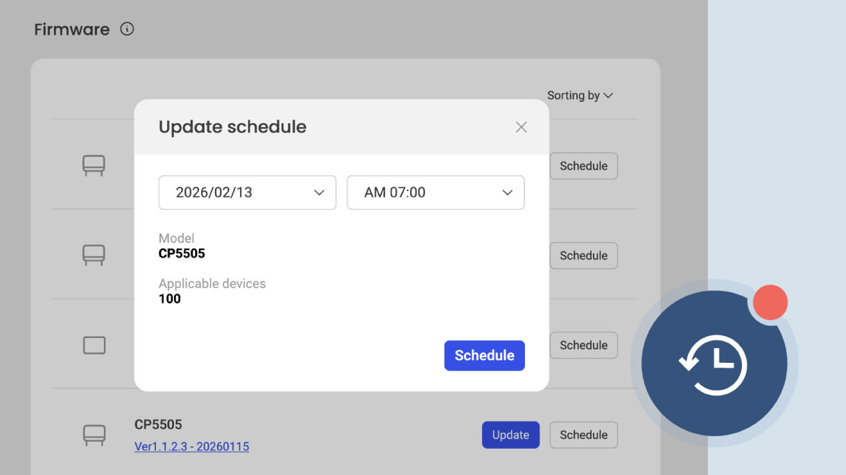 A cloud-based browser interface showing a firmware update schedule for 100 BenQ CP5505 displays, highlighting effortless remote maintenance via DMS.