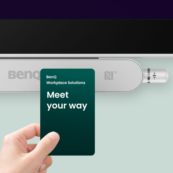 A hand tapping a BenQ NFC card on the built-in sensor of an interactive display for instant, password-free account access via AMS.