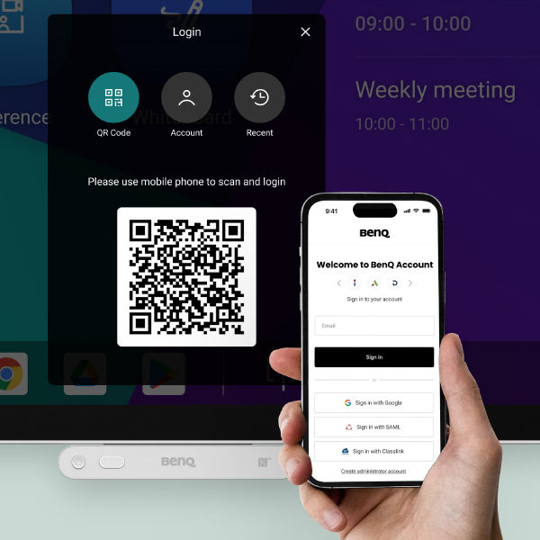 A hand tapping a BenQ NFC card on the built-in sensor of an interactive display for instant, password-free account access via AMS.